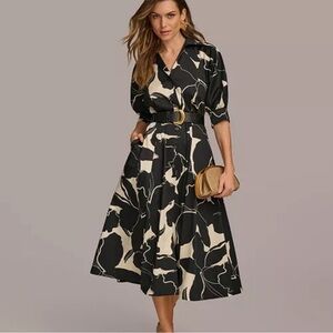 DKNY Cotton Midi Black and Cream Women's Dress with belt